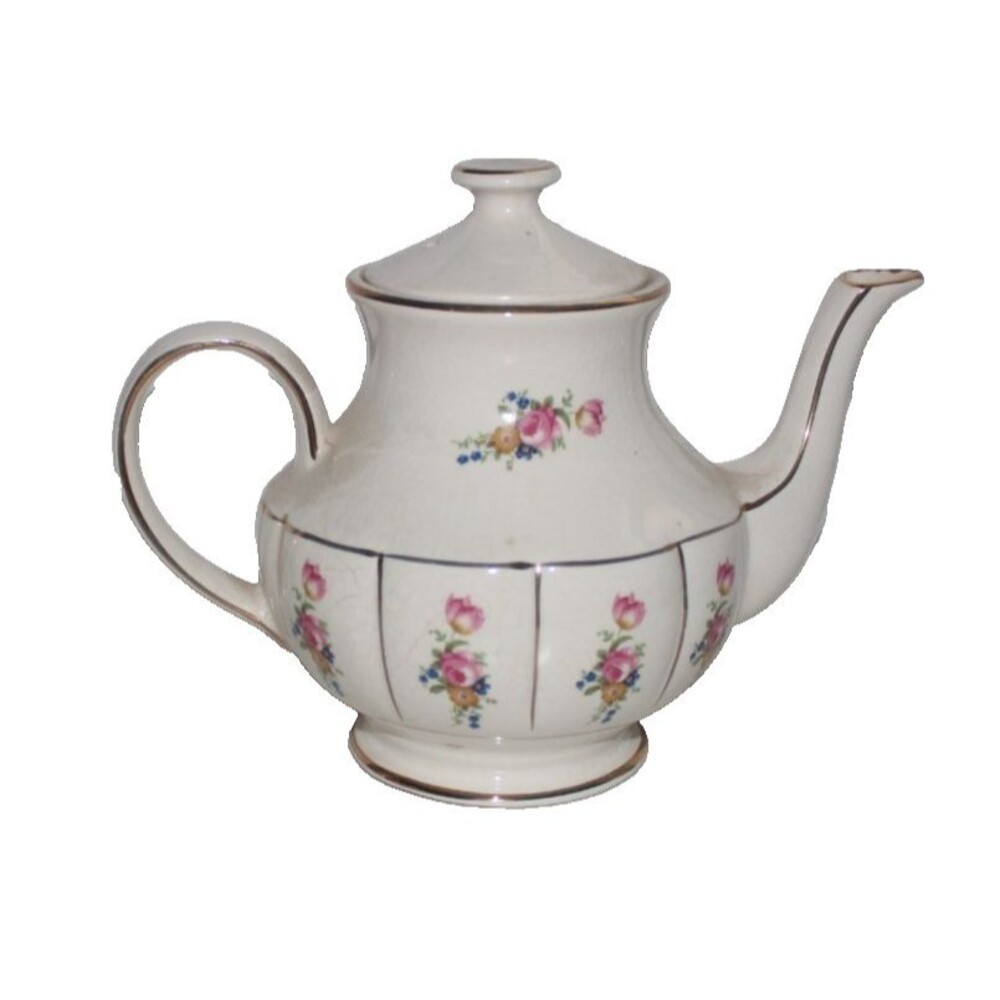 Vintage Arthur Wood English Teapot Pink Roses Gold Gilt Ribbed Staffordshire 10"